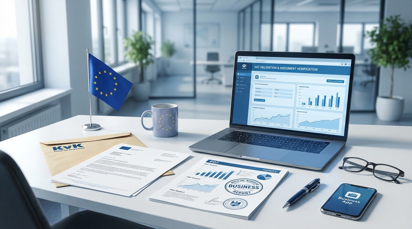 Ondernemer controleert BTW-nummer op laptop